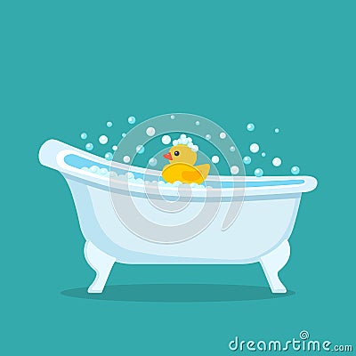 Retro bathtub with a rubber yellow duckling toy in the foam Cartoon Illustration