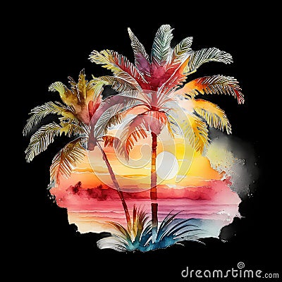 Retro beach palm tree sunset bundle watercolor Stock Photo