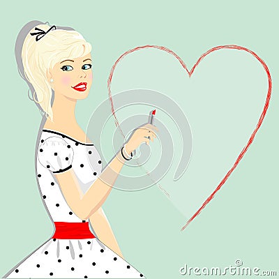 Retro beautiful girl with heart, pin-up Vector Illustration