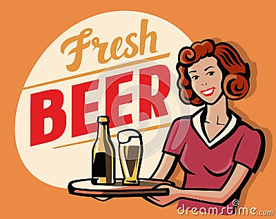 Retro Beer Girl Vector Illustration