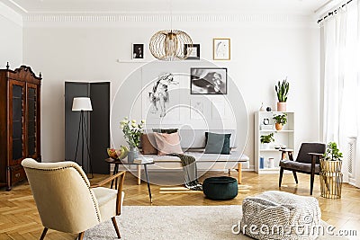 Retro armchair and pouf on the cozy carpet in contemporary living room interior with grey sofa and vintage furniture Stock Photo