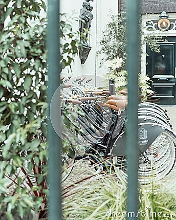 Retro bicycle are parked in front of the hotel Editorial Stock Photo