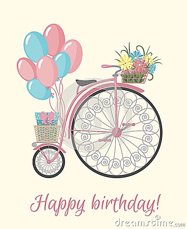 Retro Bicycle style with flowers and balloons. Vector Illustration