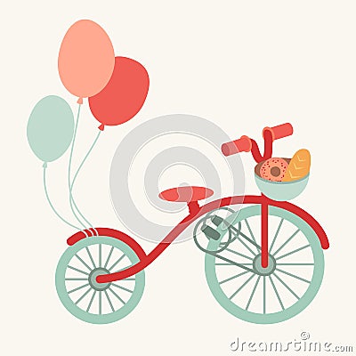 Retro bike cartoon illustration with a basket of bread, healthy activity Vector Illustration