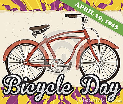Retro Bike in Scroll over Psychedelic Background for Bicycle Day, Vector Illustration Vector Illustration