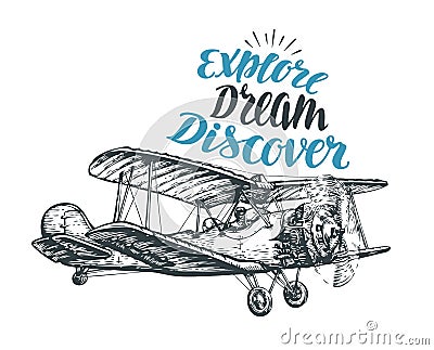 Retro biplane. Airplane sketch. Travel vector illustration Vector Illustration