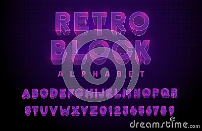 Retro block premium alphabet in purple violet colors. Vector 3d neon font. Text elements based on retrowave, synthwave, videogame Vector Illustration