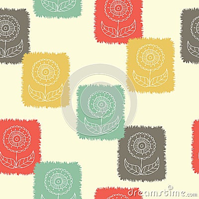 Retro block print flowers stamp seamless pattern background. Grunge printed ethnic nature background, wallpaper Vector Illustration