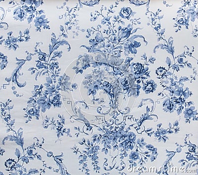 Retro Blue Floral Pattern Fabric Background Stock Photo