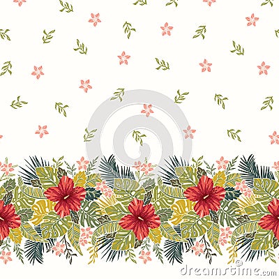 Retro Bold Colorful Tropical Exotic Foliage, Hibiscus Floral Horizontal Vector Seamless Border and Pattern. Vector Illustration