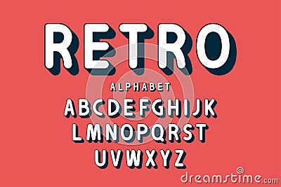 Retro bold font and alphabet. Rounded letters with long shadows in retro style. Vintage typography Vector Illustration