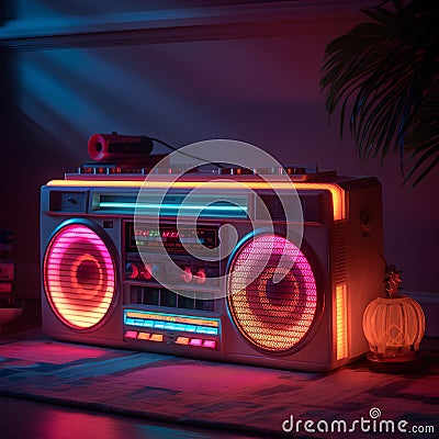 Retro boombox with neon lights. 3d illustration. Cartoon Illustration