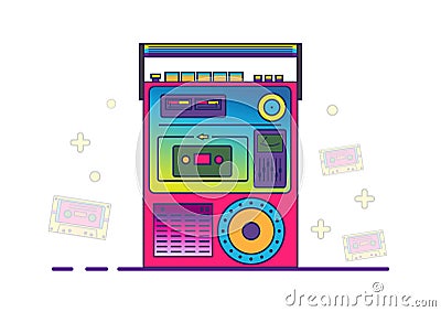 Retro boombox in 80`s-90`s trendy style. Colorful illustration on white background. Vector Illustration