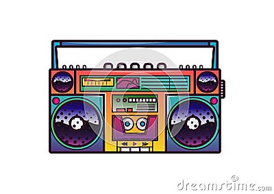 Retro boombox in 80`s-90`s trendy style. Colorful illustration on white background. Vector Illustration