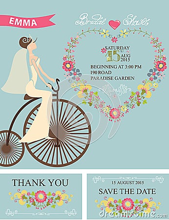 Retro Bridal shower set.Bride,floral decor,bicycle Vector Illustration