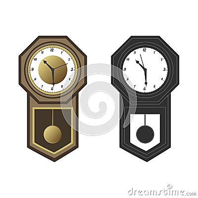 Retro brown pendulum wall clock. Vector Illustration