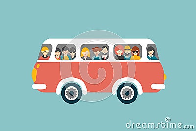 Retro bus with passengers. Vector Illustration