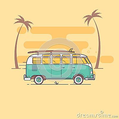 Retro bus with surf boards on summer Summer Vector illustration Vector Illustration