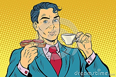 Retro businessman eating Breakfast, coffee and sausage sandwich Vector Illustration