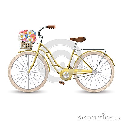 Retro bycicle with basket of flowers. Healthy lifestyle, fitness Vector Illustration