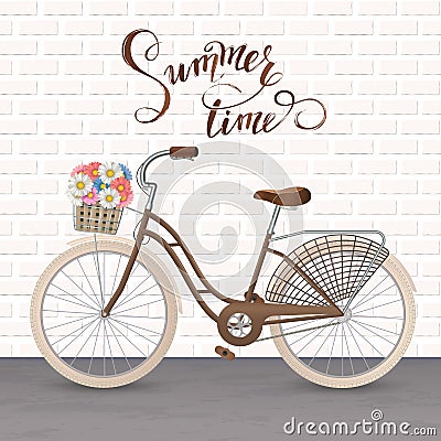 Retro bycicle with basket of flowers. Healthy lifestyle, fitness Vector Illustration