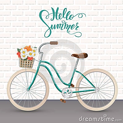 Retro bycicle with basket of flowers. Healthy lifestyle, fitness Vector Illustration