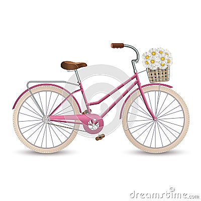 Retro bycicle with basket of flowers. Healthy lifestyle, fitness Vector Illustration