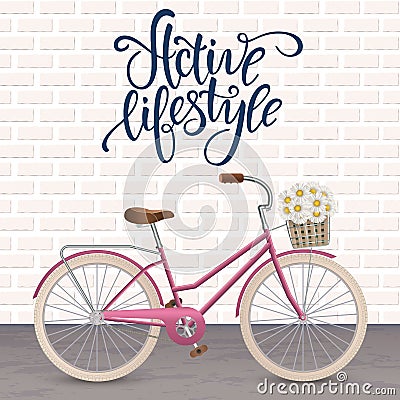 Retro bycicle with basket of flowers. Healthy lifestyle, fitness. Vector Illustration