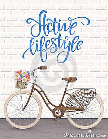 Retro bycicle with basket of flowers. Healthy lifestyle, fitness. Vector Illustration