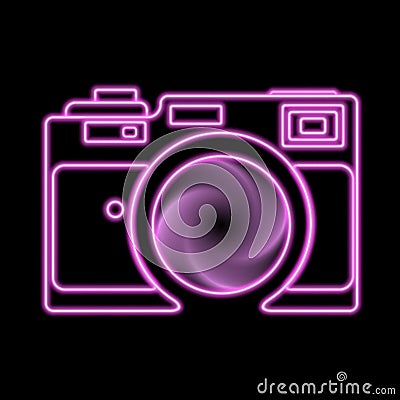 Retro camera with a great lens contour, long neon or pink glow radiant effect love. For web and mobile app. Decorative holiday Vector Illustration