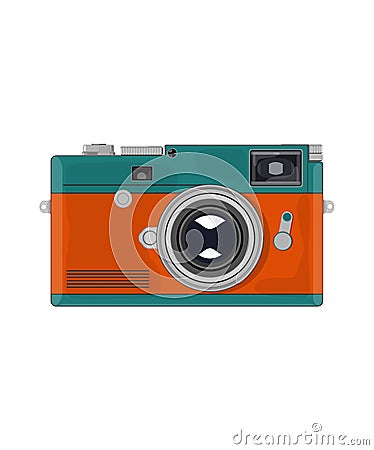 Retro camera with green-orange body on white background Vector Illustration