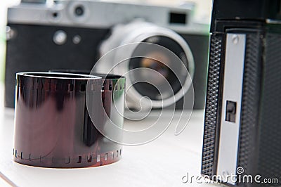 Retro cameras and film Stock Photo
