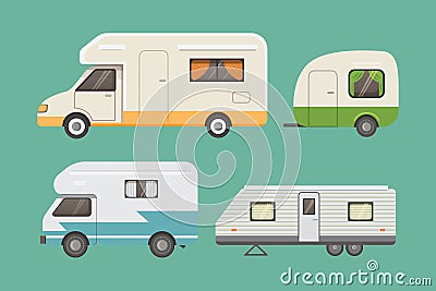 Retro camper trailer collection. car trailers caravan. tourism. Vector Illustration