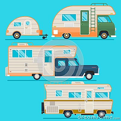 Retro camper trailer collection.Set of recolored traveler truck campers in flat style isolated on blue. Vector illustration Cartoon Illustration