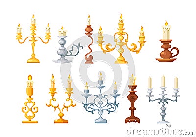 Retro candles in candlesticks set. Retro vintage candle holders, chandelier and candelabrums with burning flames and decorative Vector Illustration