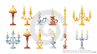 Retro candles in candlesticks set. Retro vintage candle holders, chandelier and candelabrums with burning flames Stock Photo