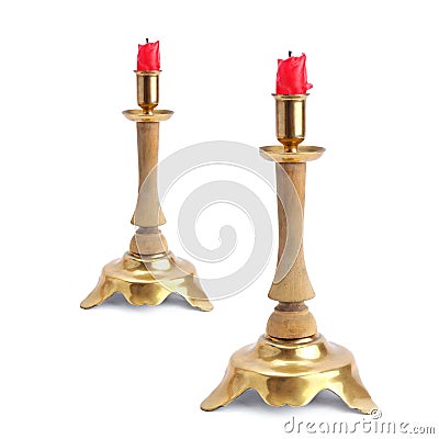 Retro candlesticks isolated on white background. Collage Stock Photo