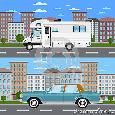 Retro car and camper van in urban landscape Vector Illustration