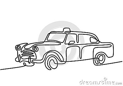 Retro car in continuous line art drawing style. Classical sedan car isolated on white background. Vintage automobile minimalist Vector Illustration