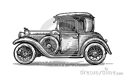 Retro car drawn in engraving style. Vintage vehicle, transport vector illustration Vector Illustration