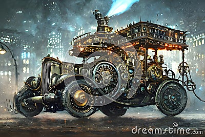 Retro car fantastic design in steampunk style with gold mechanical parts details. Generative Ai Cartoon Illustration