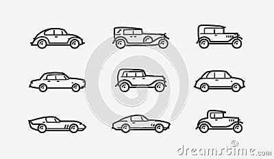 Retro car icon set. Transport, transportation symbol in linear style. Vector illustration Vector Illustration