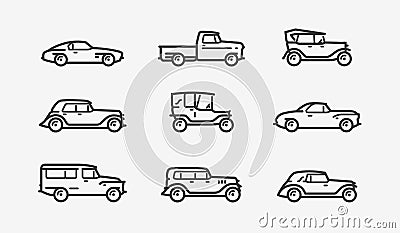 Retro car icon set. Transport, transportation symbol in linear style. Vintage vector Vector Illustration