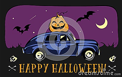 Retro Car Loaded For a Halloween. Moon and Bats Background. Vector EPS 10 Card Stock Photo