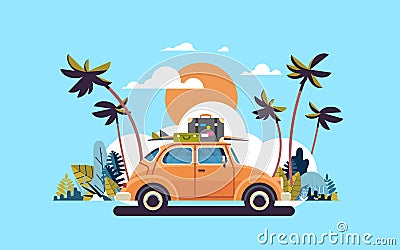 Retro car with luggage on roof tropical sunset beach surfing vintage greeting card template poster flat Vector Illustration