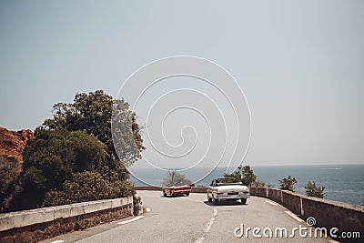 Retro car rally. French riviera. Nice - Cannes - Saint-Tropez. Travel destination Editorial Stock Photo