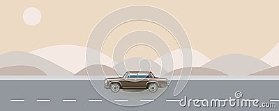 Retro car from 80s traveling on road vector illustration. Summer auto trip concept in soft colors. Vintage brown Vector Illustration