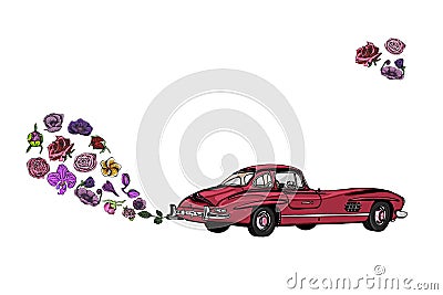 Colorful vintage car with beautiful flowers, hand drawn Vector Illustration