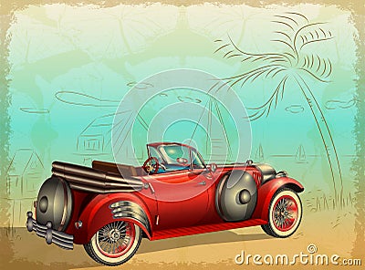 Retro car on summer background with palm trees and seascape Stock Photo