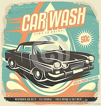 Retro car wash poster design Vector Illustration